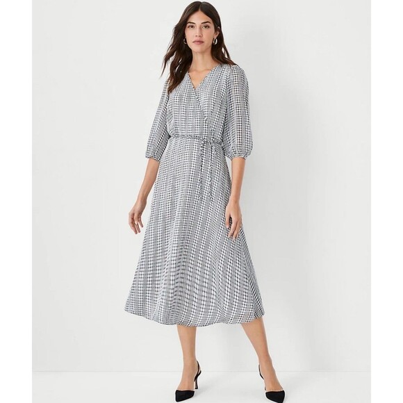 ANN TAYLOR - BLACK WHITE CHECKED MIDI WRAP DRESS Size 16 - Picture 1 of 5